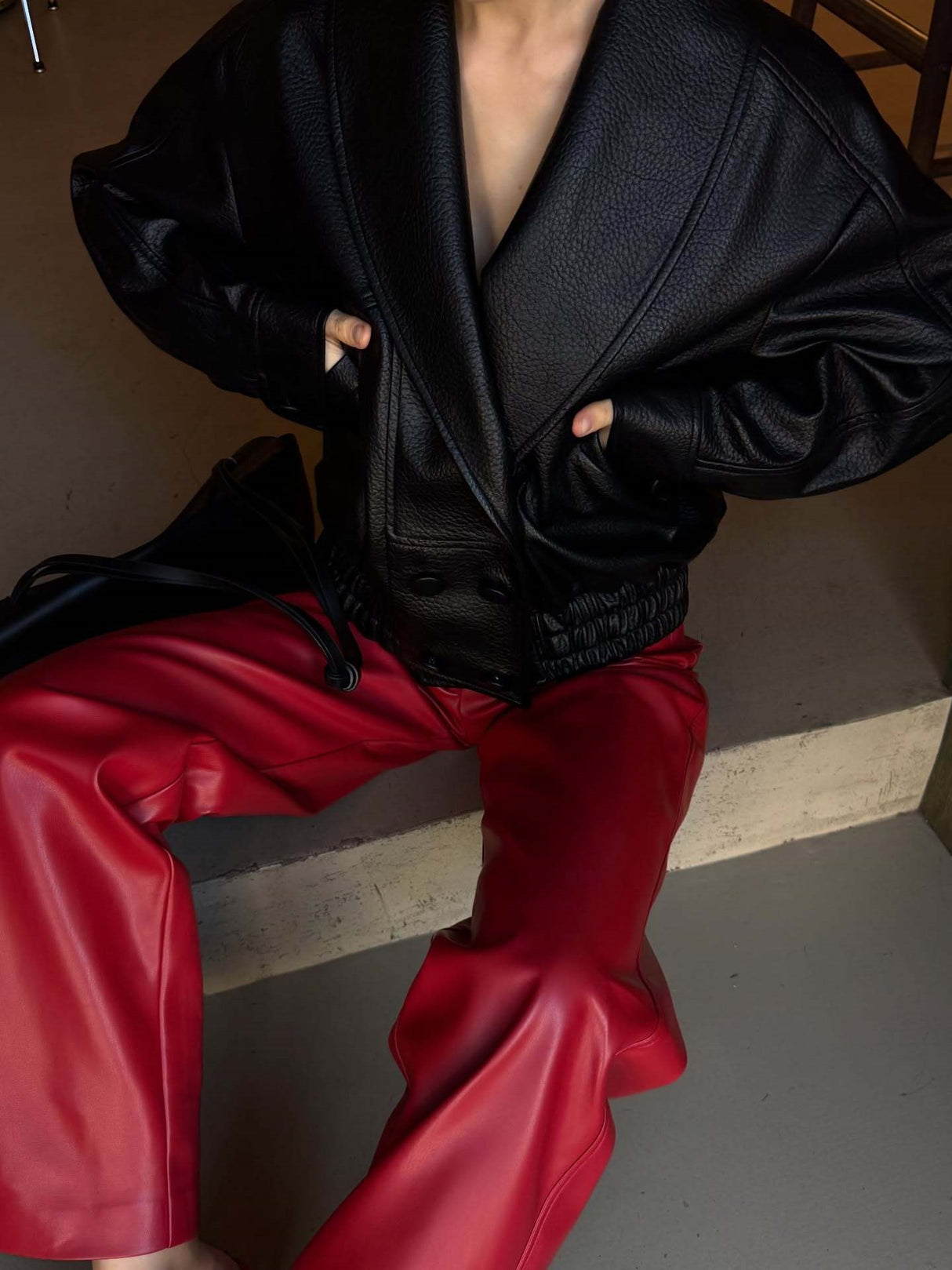 High-waisted Slim-fit Straight-leg PU Leather Pants