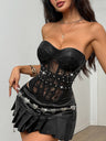 Leather Stitching Lace See-through Herringbone Buckle Backless Tube Top Tank Tops