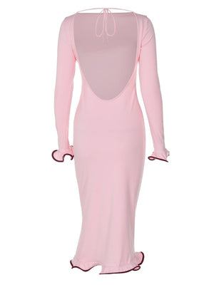 Backless Bell Sleeves Ruffled Skirt Knitting Sexy Color-blocked Long Dress