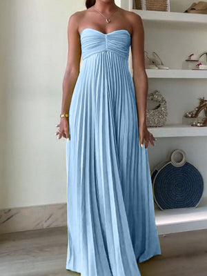 Liber Summer Women's Pleated Solid Color Tube top Maxi Dresses