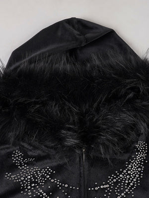 Printed Rhinestones Velvet Plush Patchwork Hoodies Zipper Cardigan