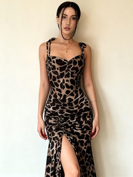 Camisoles Slits Gathering Leopard Print Maxi Dresses