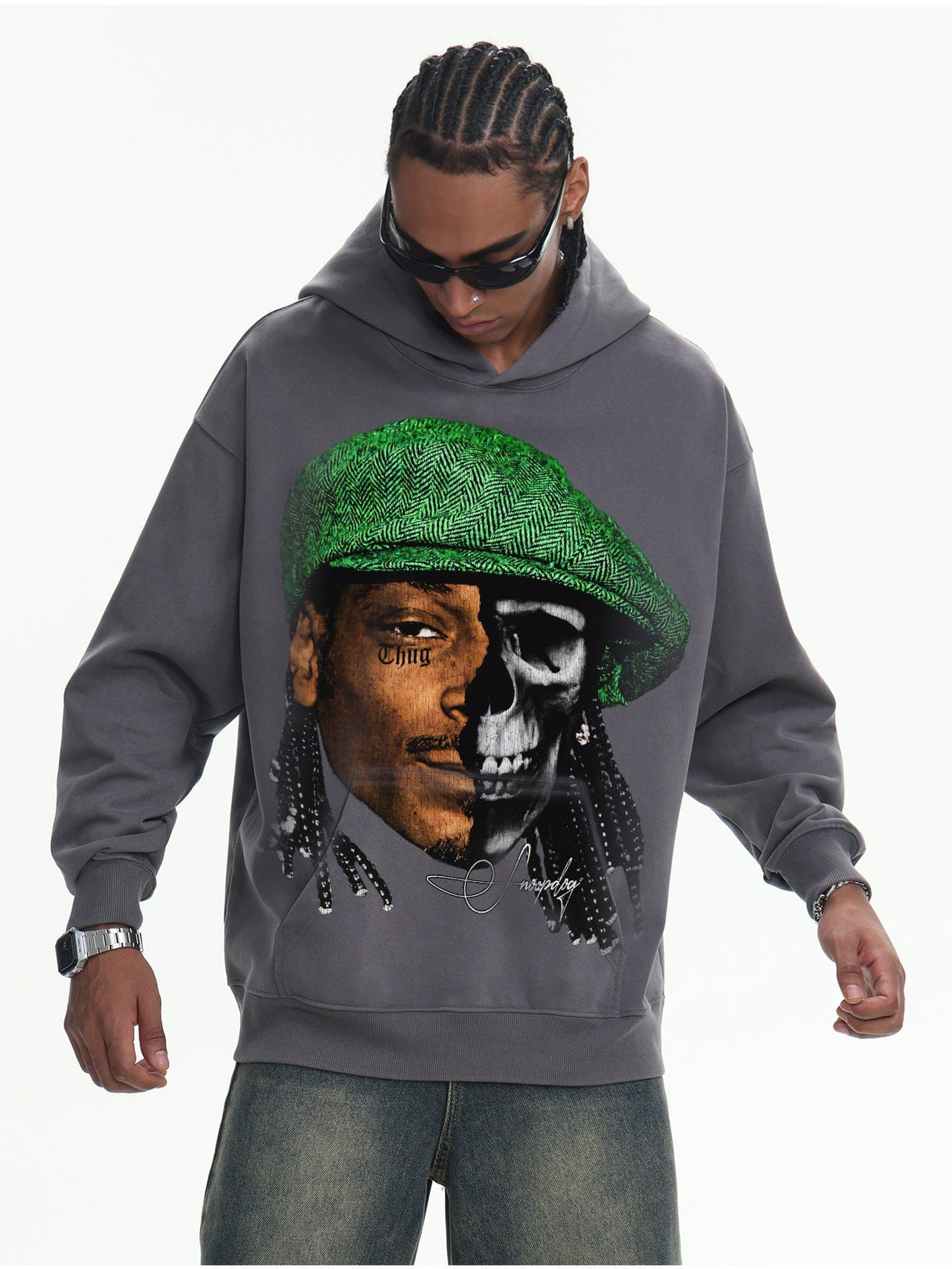 Printed Washing Knitted Hooded Sweatshirt
