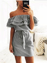 Stripes Ruffle Off-shoulder Mini&Short Dresses