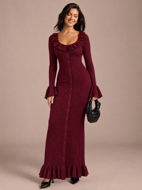 U-neck French Long-sleeved Simple Ruffled Knit Maxi Dress