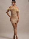 Strapless Feather Sequins Splicing Off Shoulder Dinner Short Dress For Cocktail Party