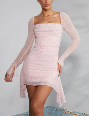 Beading Mesh Perspective Ribbon Slim Fit Short Dress For Cocktail Party