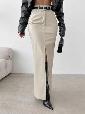 Leather Stitching High-waisted Slim Fit Hip Body Slit Long Skirts