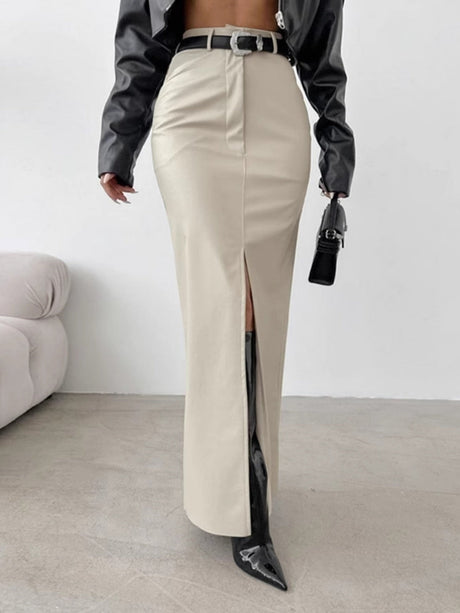 Leather Stitching High-waisted Slim Fit Hip Body Slit Long Skirts