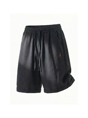 Imitation Linen Lightweight Color-blocked Embroidery Loose-fit Five Points Shorts