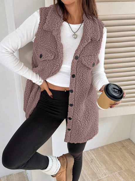 Solid Color Lapel Open Buckle Loose Temperament Commuting Imitation Lambskin Vests
