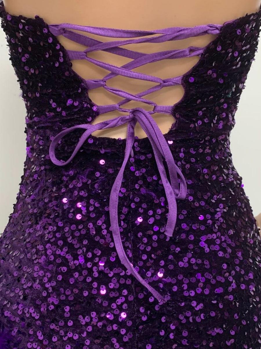 Deep V-neck Sheer Mesh Strapless Backless Sequined Feather Mini Dress