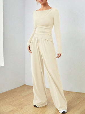 Pocket Solid Color Large Round Neck Long Sleeve Pants 2-piece Sets
