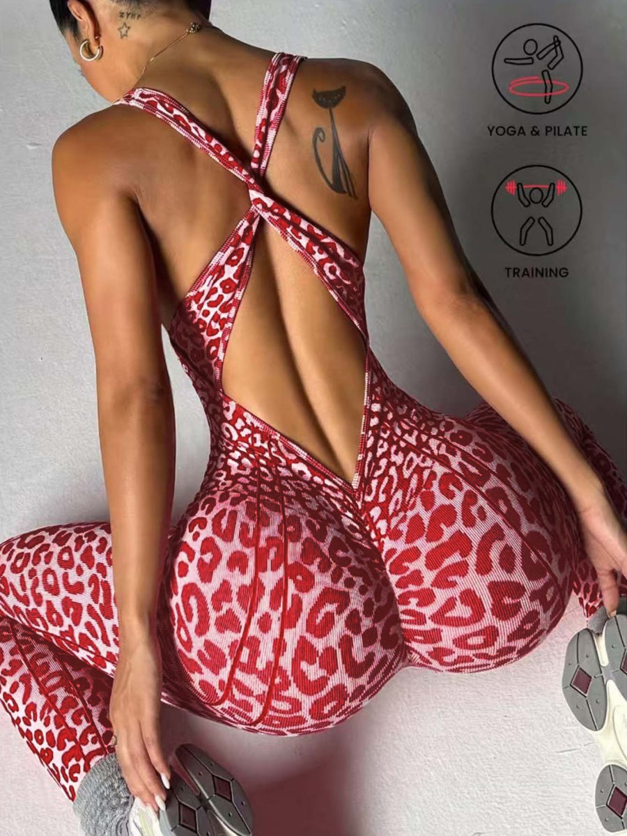 Leopard Print Cross Link Seamless Yoga Clothes Fitness Jumpsuits