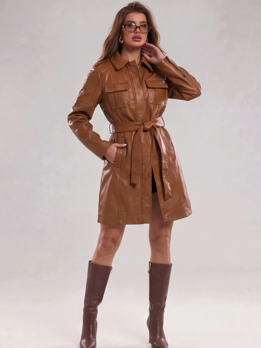 Mid-length Pu Pocket Trench Coats
