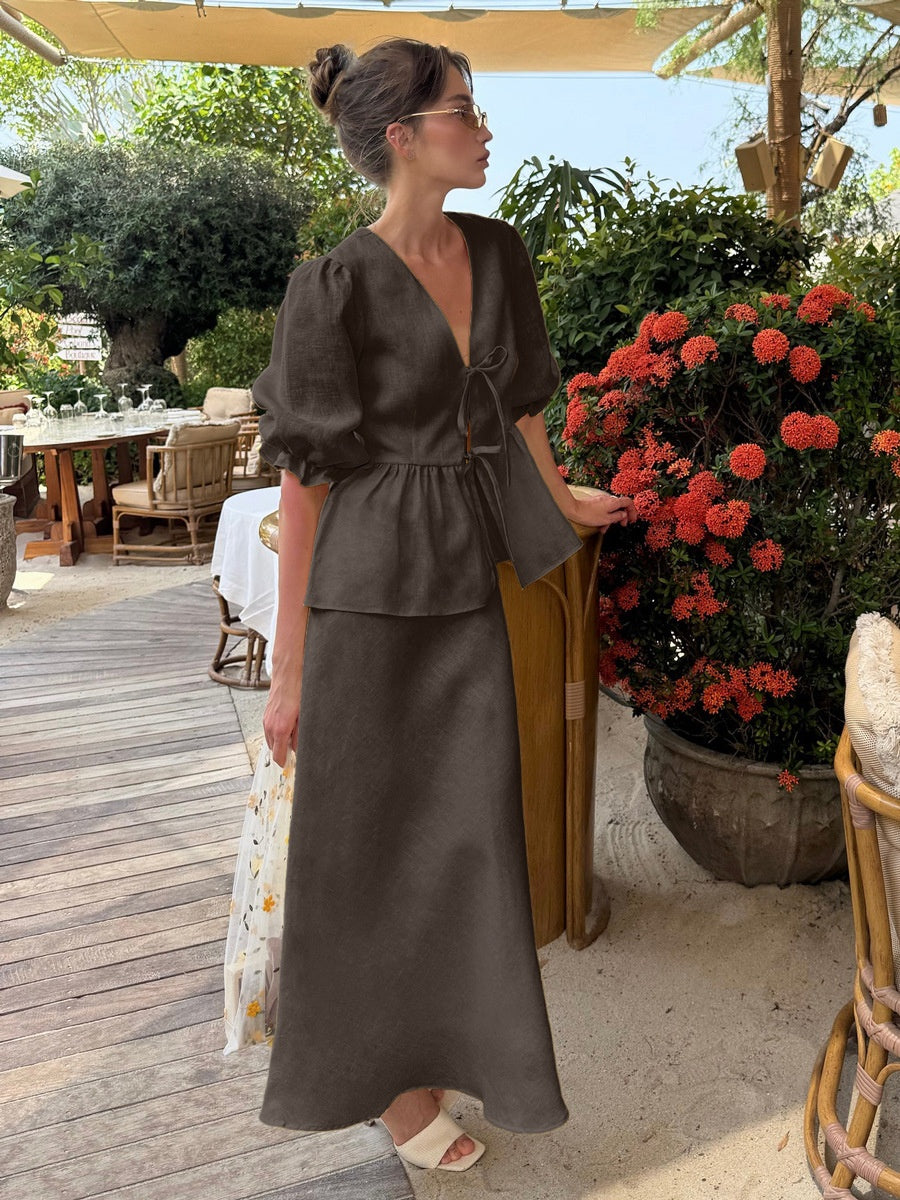 Pure Cotton Loose-fit V-neck Strappy Top Midi Skirt Set 2-piece Sets