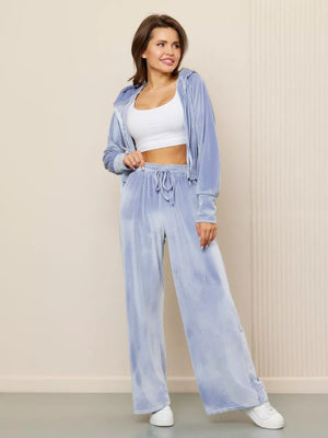 Velvet Zipper Cardigan, Silver Fox Fleece Sweatshirt, Lace-Up Pants 2-piece Sets