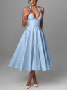 Halter Neck Jacquard Dress, High-end Evening Gown Elegant Sleeveless Backless Fitted Waist Midi Dress