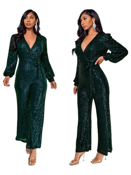 Deep V Long Sleeve Belt Sequins Jumpsuit