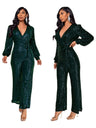 Deep V Long Sleeve Belt Sequins Jumpsuit