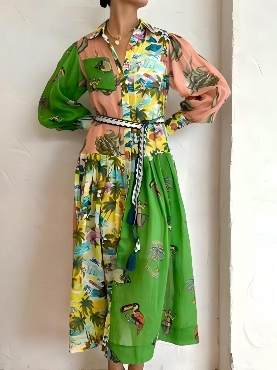 Botanical Floral Prints Balloon Sleeve Lapel Waist Long Sleeve Maxi Dresses