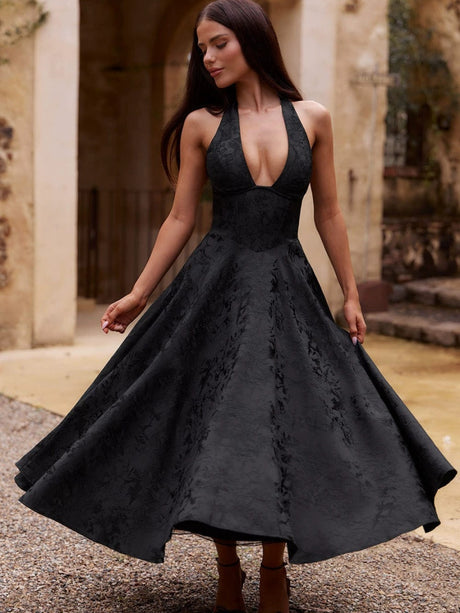 Halter Neck Jacquard Dress, High-end Evening Gown Elegant Sleeveless Backless Fitted Waist Midi Dress