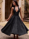 Halter Neck Jacquard Dress, High-end Evening Gown Elegant Sleeveless Backless Fitted Waist Midi Dress