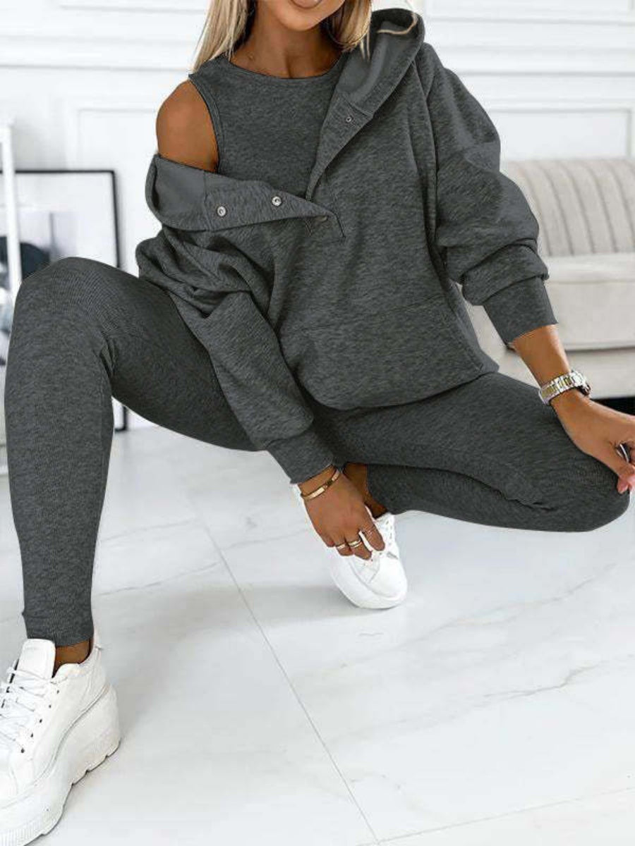 Sporty Casual Hoodie Sweatshirt, Ribbed Slim Fit Vest And Pants Three-piece Set
