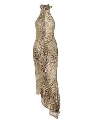 Backless, Fitted, Halter-neck, Irregular Leopard Print Long Dress