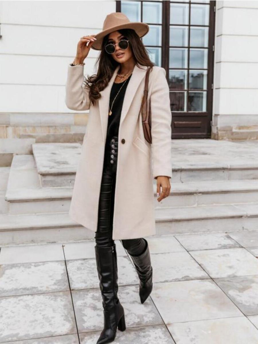 Solid Color Lapel Mid-length Button Wool Coat