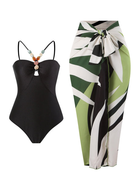 One-piece Swimsuit With Multi-colored Hollowed-out Gemstone Halter Straps, French Style.