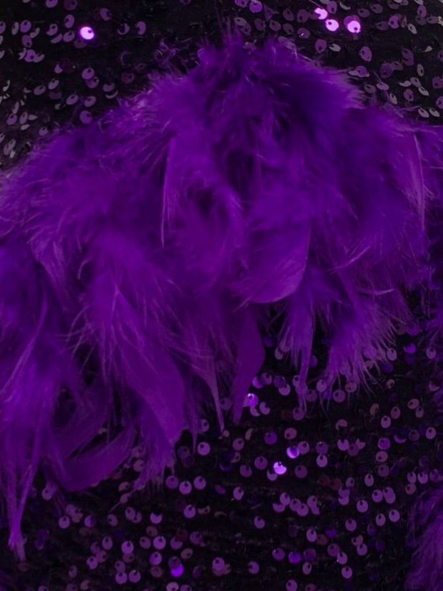 Deep V-neck Sheer Mesh Strapless Backless Sequined Feather Mini Dress