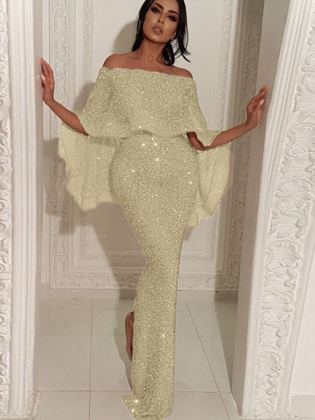 Ruffled One-shoulder Dress Sequins Maxi Dresses