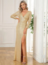 Liber Autumn women's sequins Long sleeve High-slit V-neck long dress