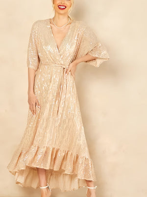 V-neck Straps Sequined Midi Dress