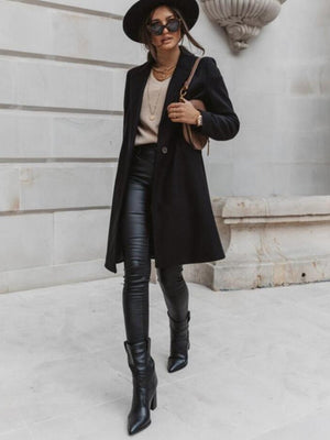 Solid Color Lapel Mid-length Button Wool Coat