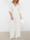 V-neck Waist Mid-length Sleeves Wide Leg Temperament Commuting Jumpsuits