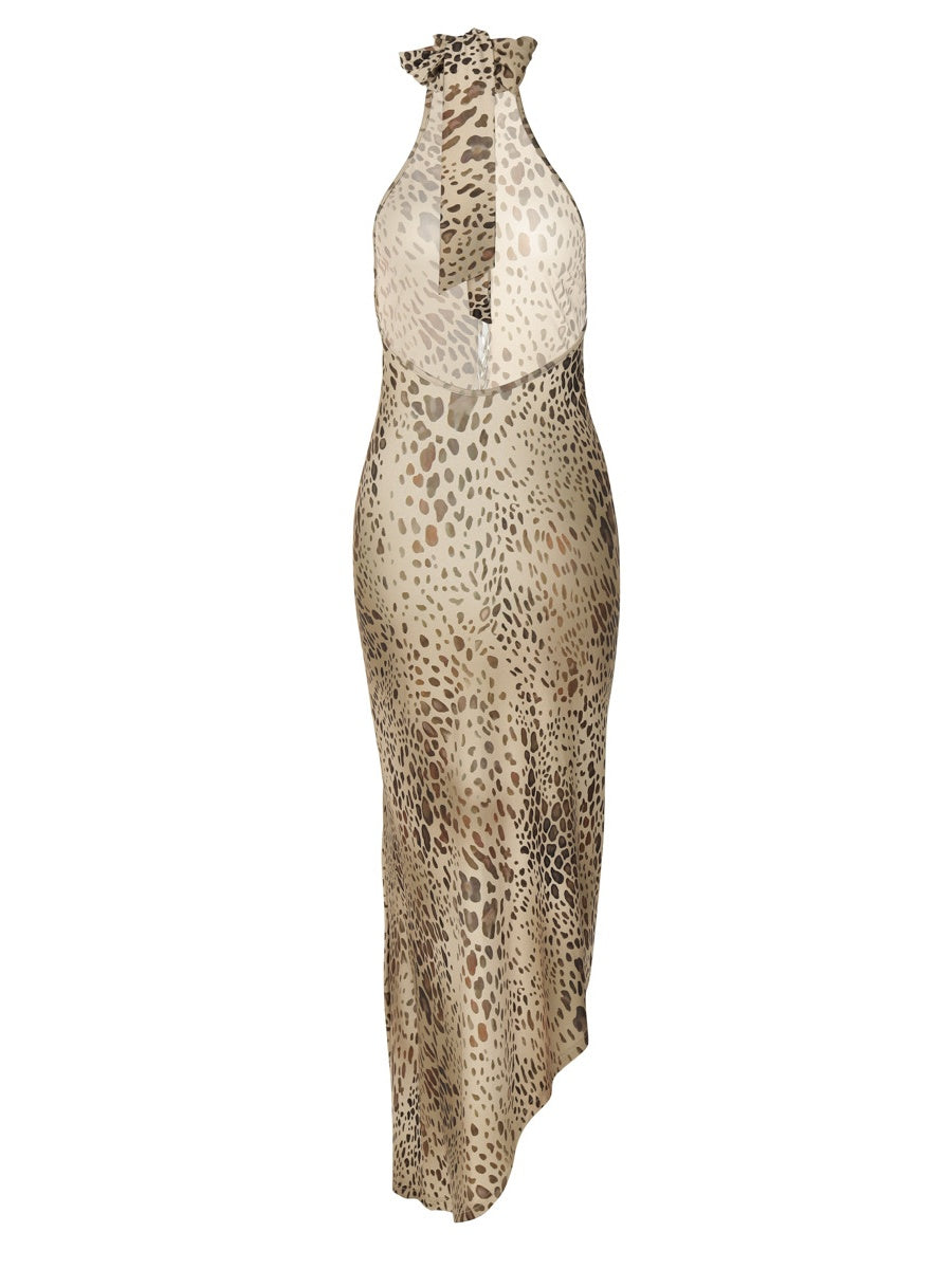 Backless, Fitted, Halter-neck, Irregular Leopard Print Long Dress