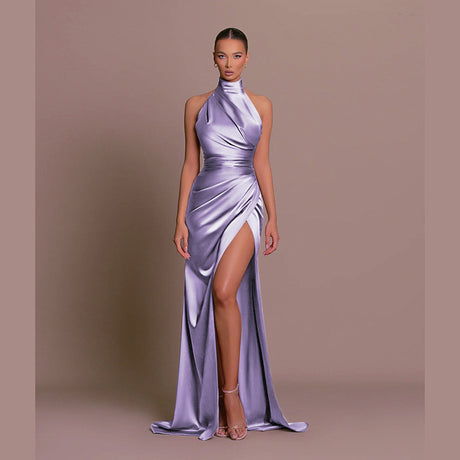 Halter Stand Collar Sleeveless Slit Formal Dress Parties Maxi Dresses