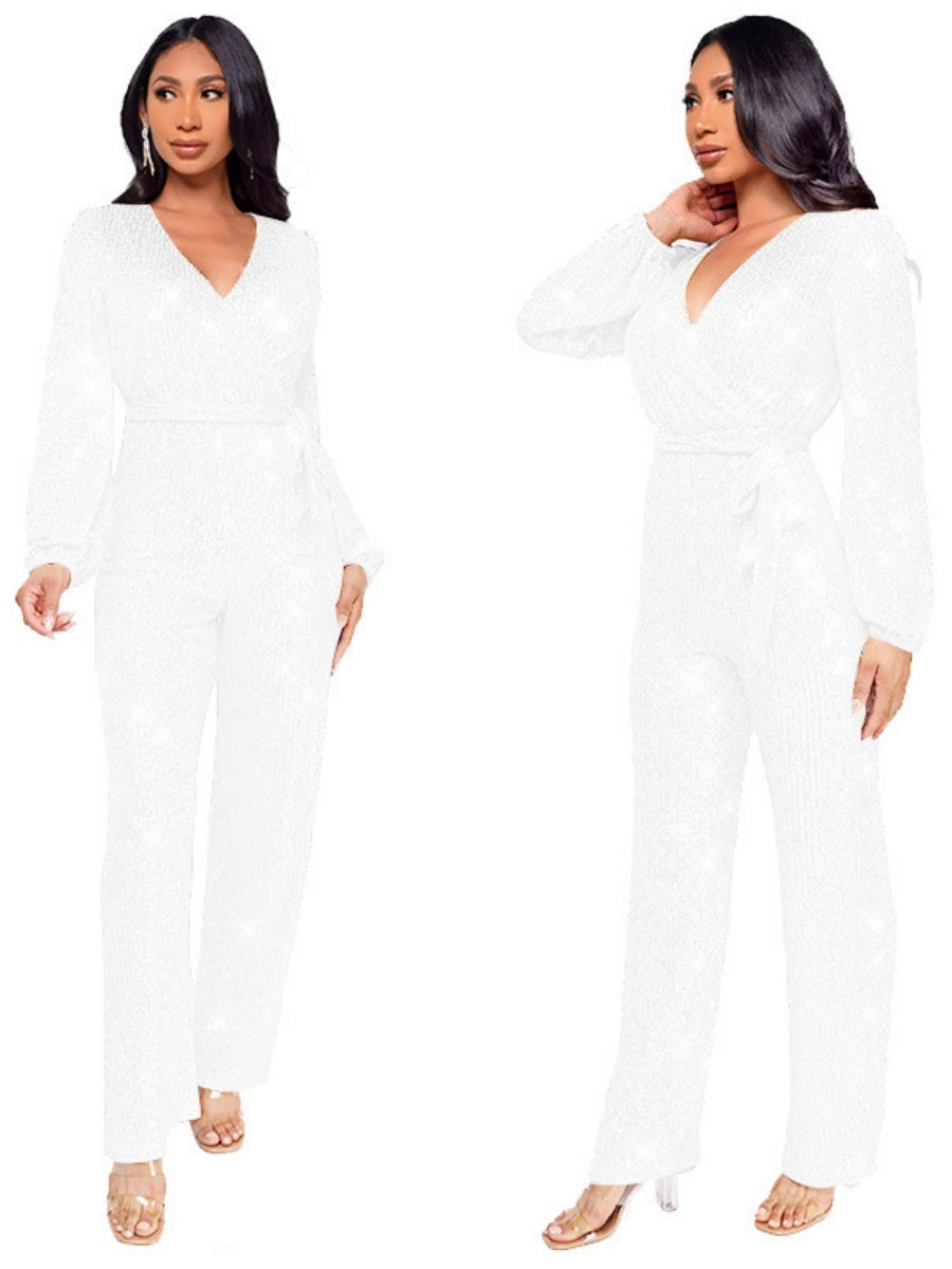 Deep V Long Sleeve Belt Sequins Jumpsuit