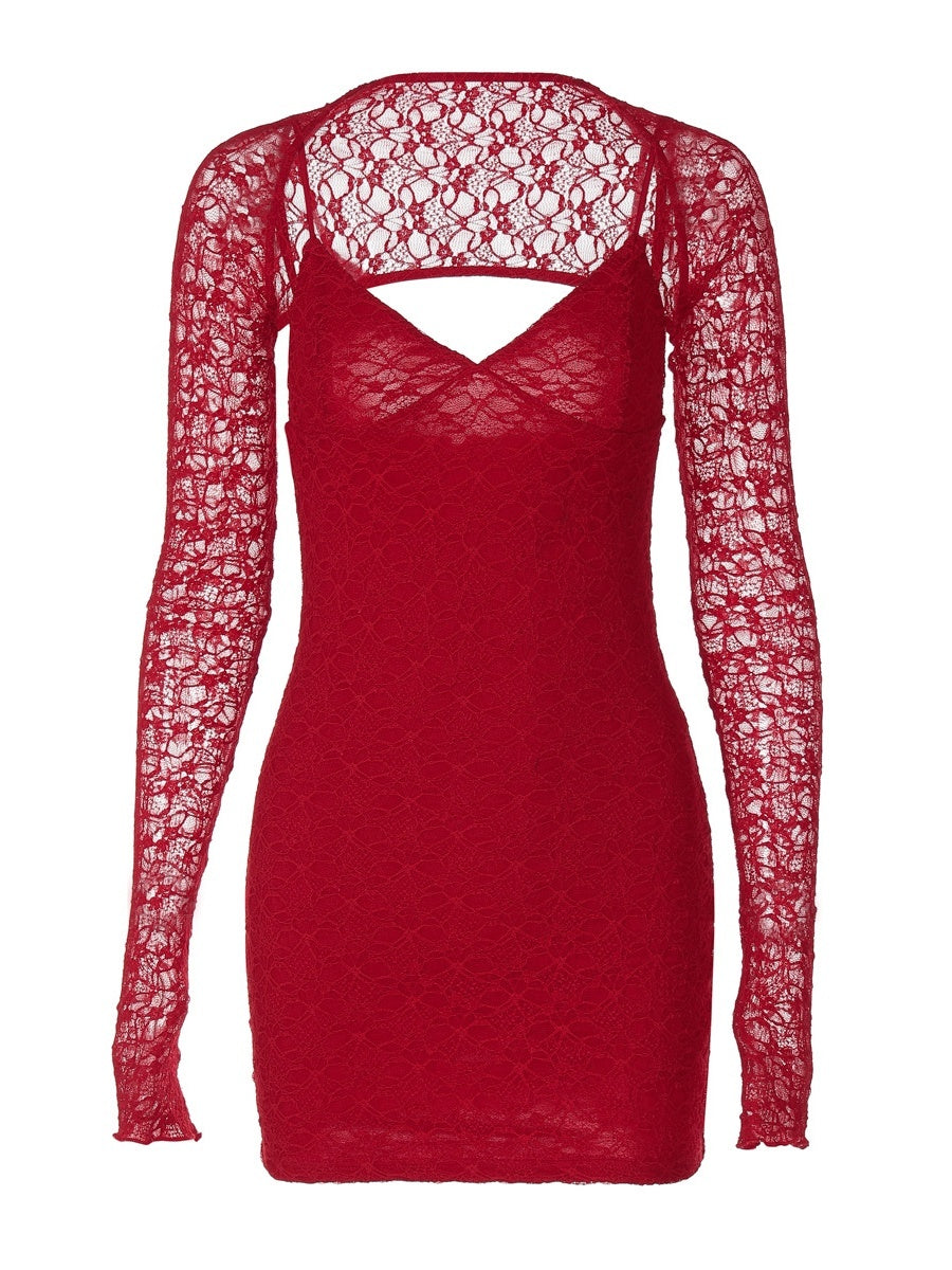 Lace Splicing Slim Fit V-neck Mini&Short Dresses