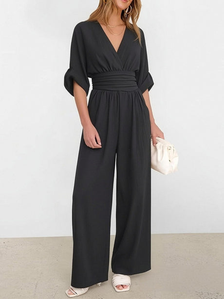 V-neck Waist Mid-length Sleeves Wide Leg Temperament Commuting Jumpsuits