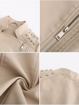 Cropped Zipper Pu Beading Jackets