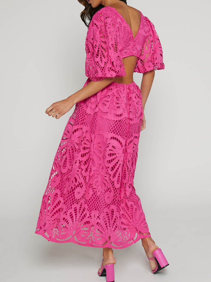 Robe midi sexy en dentelle brodée à col V