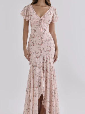 Romantic Floral Lace Patchwork Waist-cinching V-neck Fishtail Long Dress