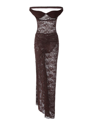 Two-piece Set: Patchwork Off-shoulder Backless Bodysuit With Sheer Lace Slit Maxi Skirt