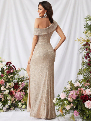Sequined, Elegant, Asymmetrical Neckline, High Slit Long Dress