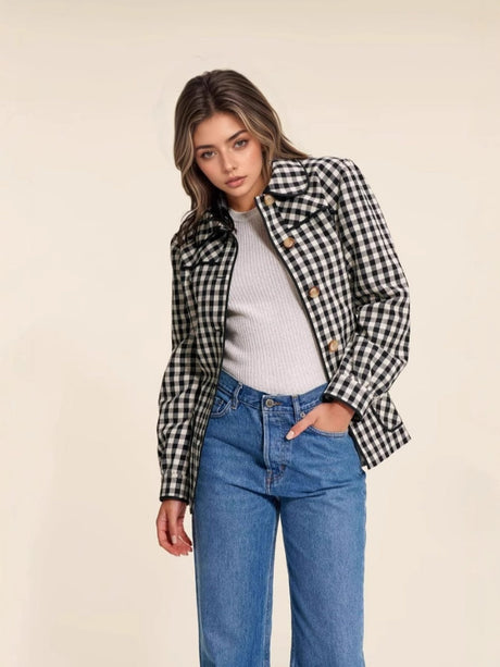 Liber Autumn women's plaid button belt patchwork jacket