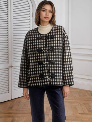 Liber Autumn women's houndstooth stitching round neck coat jacket