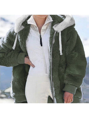 Loose Solid Color Plush Zipper Hood With Pockets Solid Color Jackets